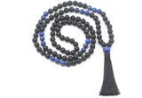 GMN8577 8mm, 10mm black lava & lapis lazuli 108 beads mala necklace with tassel