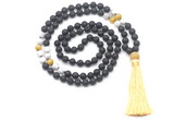 GMN8578 8mm, 10mm black lava, matte white howlite & golden tiger eye 108 beads mala necklace with tassel