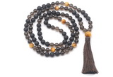 GMN8579 8mm, 10mm black lava, smoky quartz & golden tiger eye 108 beads mala necklace with tassel