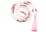 GMN8580 8mm, 10mm rose quartz & pink wooden jasper 108 beads mala necklace with tassel