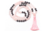 GMN8582 8mm, 10mm rose quartz & garnet 108 beads mala necklace with tassel