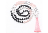 GMN8583 8mm, 10mm black agate, rose quartz & white howlite 108 beads mala necklace with tassel