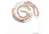 GMN8584 8mm, 10mm sunstone, white crystal & white jade 108 beads mala necklace with tassel