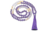 GMN8586 8mm, 10mm amethyst, citrine & white crystal 108 beads mala necklace with tassel