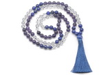 GMN8587 8mm, 10mm amethyst, white crystal & lapis lazuli 108 beads mala necklace with tassel