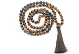 GMN8589 8mm, 10mm yellow tiger eye, smoky quartz & garnet 108 beads mala necklace with tassel