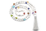 GMN8600 Hand-knotted 7 Chakra 8mm, 10mm white howlite 108 beads mala necklace with tassel