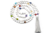 GMN8601 Hand-knotted 7 Chakra 8mm, 10mm white howlite 108 beads mala necklace with tassel