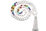 GMN8603 Hand-knotted 7 Chakra 8mm, 10mm white howlite 108 beads mala necklace with tassel