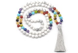 GMN8604 Hand-knotted 7 Chakra 8mm, 10mm white howlite 108 beads mala necklace with tassel