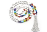 GMN8605 Hand-knotted 7 Chakra 8mm, 10mm white howlite 108 beads mala necklace with tassel