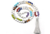 GMN8606 Hand-knotted 7 Chakra 8mm, 10mm white howlite 108 beads mala necklace with tassel