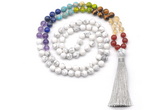 GMN8607 Hand-knotted 7 Chakra 8mm, 10mm white howlite 108 beads mala necklace with tassel