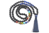 GMN8609 Hand-knotted 7 Chakra 8mm, 10mm black lava & lapis lazuli 108 beads mala necklace with tassel