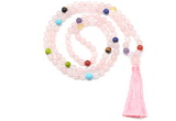 GMN8610 Hand-knotted 7 Chakra 8mm, 10mm rose quartz 108 beads mala necklace with tassel