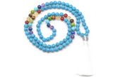 GMN8613 Hand-knotted 7 Chakra 8mm, 10mm imitation turquoise 108 beads mala necklace with tassel