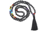 GMN8614 Hand-knotted 7 Chakra 8mm, 10mm black labradorite 108 beads mala necklace with tassel