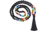 GMN8615 Hand-knotted 7 Chakra 8mm, 10mm black lava 108 beads mala necklace with tassel