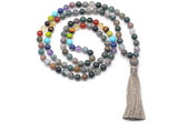 GMN8620 Hand-knotted 7 Chakra 8mm, 10mm Indian agate 108 beads mala necklace with tassel