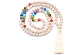 GMN8621 Hand-knotted 7 Chakra 8mm, 10mm white fossil jasper 108 beads mala necklace with tassel