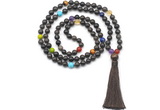 GMN8623 Hand-knotted 7 Chakra 8mm, 10mm coffee wooden jasper 108 beads mala necklace with tassel