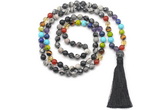 GMN8624 Hand-knotted 7 Chakra 8mm, 10mm black water jasper 108 beads mala necklace with tassel