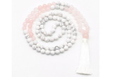 GMN8626 8mm, 10mm matte white howlite & rose quartz 108 beads mala necklace with tassel