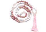 GMN8627 8mm, 10mm matte white howlite, red jasper & rose quartz 108 beads mala necklace with tassel