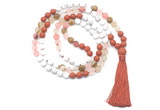 GMN8628 8mm, 10mm matte white howlite, red jasper & cherry quartz 108 beads mala necklace with tassel