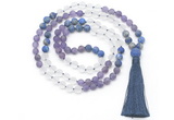 GMN8629 8mm, 10mm matte amethyst, white crystal & lapis lazuli 108 beads mala necklace with tassel