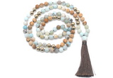 GMN8630 8mm, 10mm matte amazonite, picture jasper & hematite 108 beads mala necklace with tassel