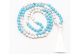 GMN8631 8mm, 10mm white & blue howlite 108 beads mala necklace with tassel