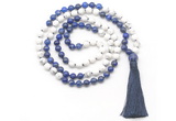 GMN8633 8mm, 10mm white howlite & lapis lazuli 108 beads mala necklace with tassel