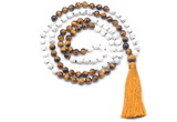 GMN8634 8mm, 10mm white howlite & yellow tiger eye 108 beads mala necklace with tassel