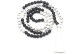 GMN8635 8mm, 10mm white howlite & black lava 108 beads mala necklace with tassel