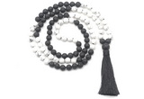 GMN8636 8mm, 10mm white howlite & black lava 108 beads mala necklace with tassel