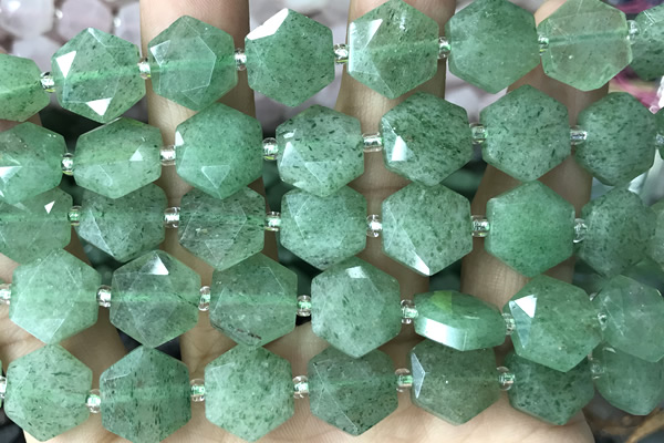 MIXE144 15 inches 12mm faceted hexagon green strawberry quartz beads