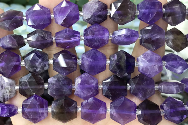 MIXE149 15 inches 12mm faceted hexagon amethyst beads