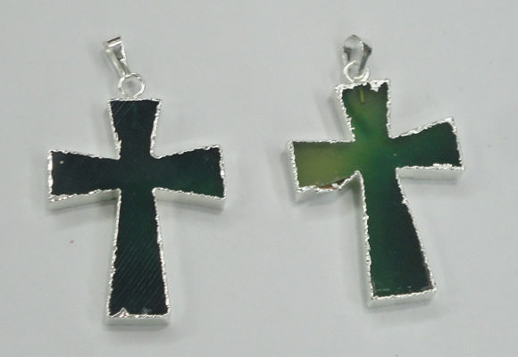 NGP1286 32*45mm cross green agate pendants with brass setting