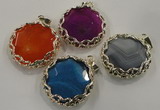 NGP1561 10*45*47mm flat round agate with brass setting pendants