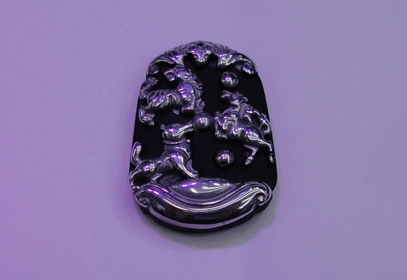 NGP2009 30*40mm carved silver plated matte black obsidian pendants