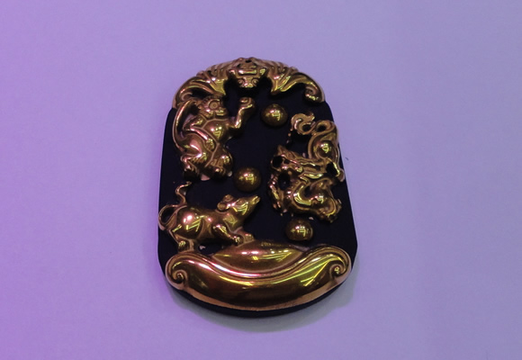 NGP2013 38*55mm carved gold plated matte black obsidian pendants