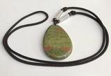 NGP5623 Unakite flat teardrop pendant with nylon cord necklace