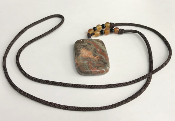 NGP5691 Rainforest agate rectangle pendant with nylon cord necklace