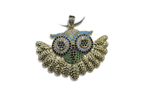 Pend109 28*42mm copper owl pendant pave zirconia gold plated