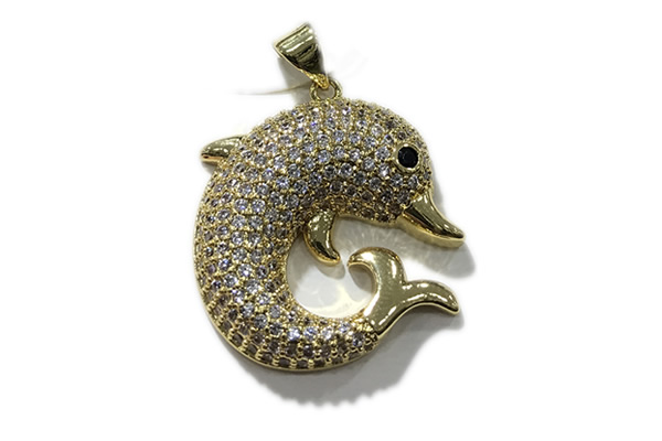 Pend162 23mm copper dolphin pendant pave zirconia gold plated